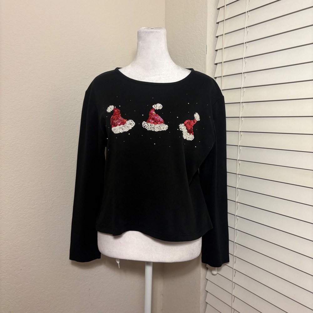 Jack B Quick santa christmas long sleeve top beaded sequin santa hats‎ size L